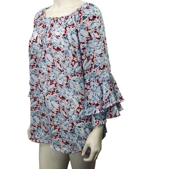 Chaps Women's Tiered Ruffle Sheer Peasant Spring Floral Blouse sz LG - Picture 3 of 5